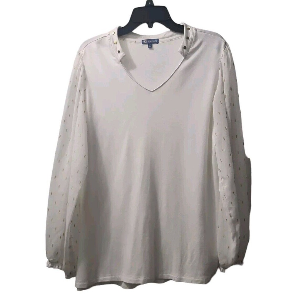 Democracy Blouse Sheer Sleeve Gold Studded V Neck Top‎ Size L